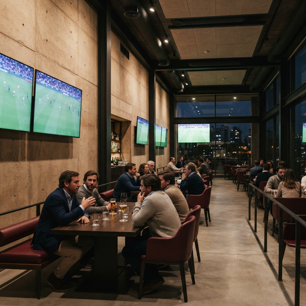 Concrete interior of Sector 90 with communal tables and multiple large sports screens