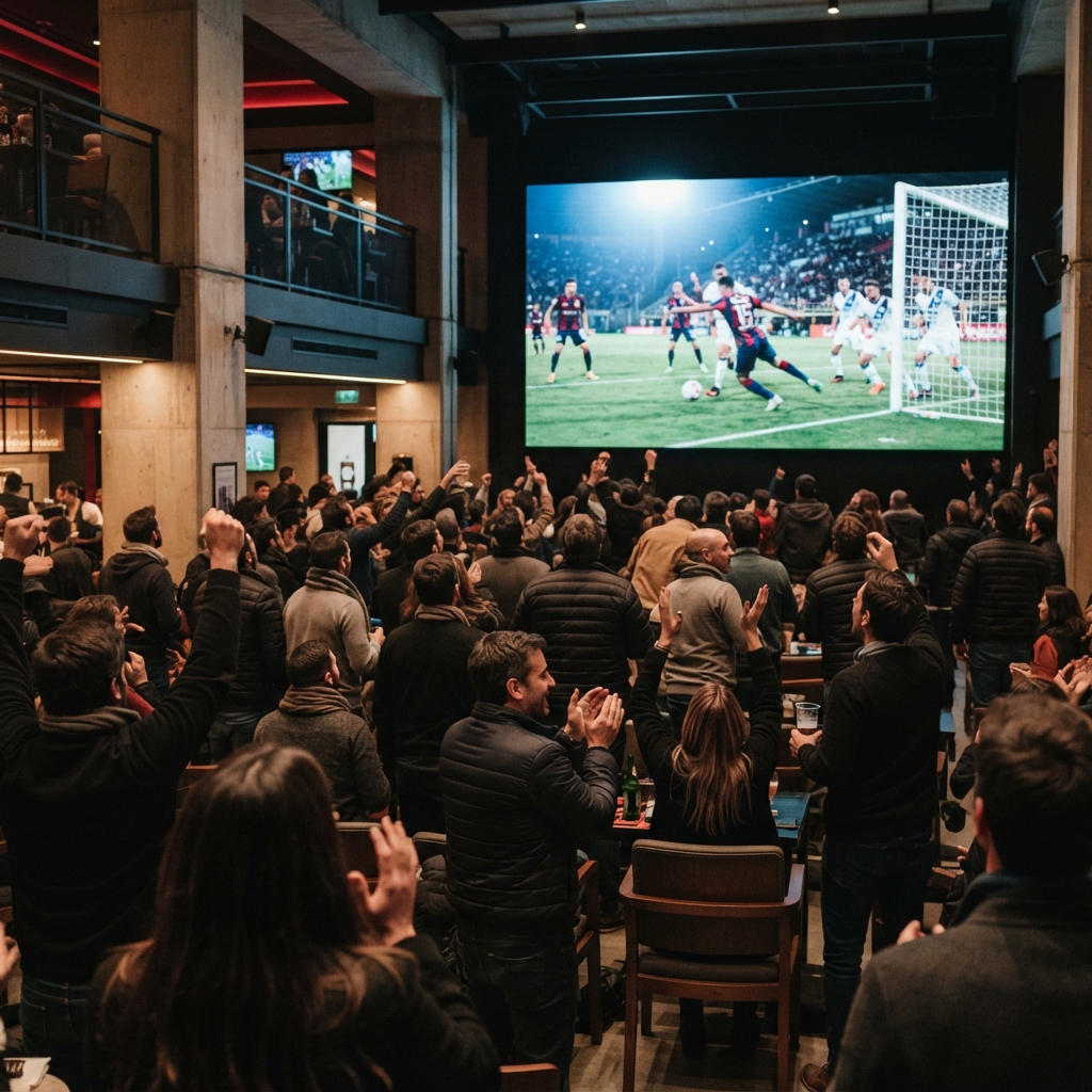 Rear view of an adult crowd watching a dramatic football moment on a giant screen