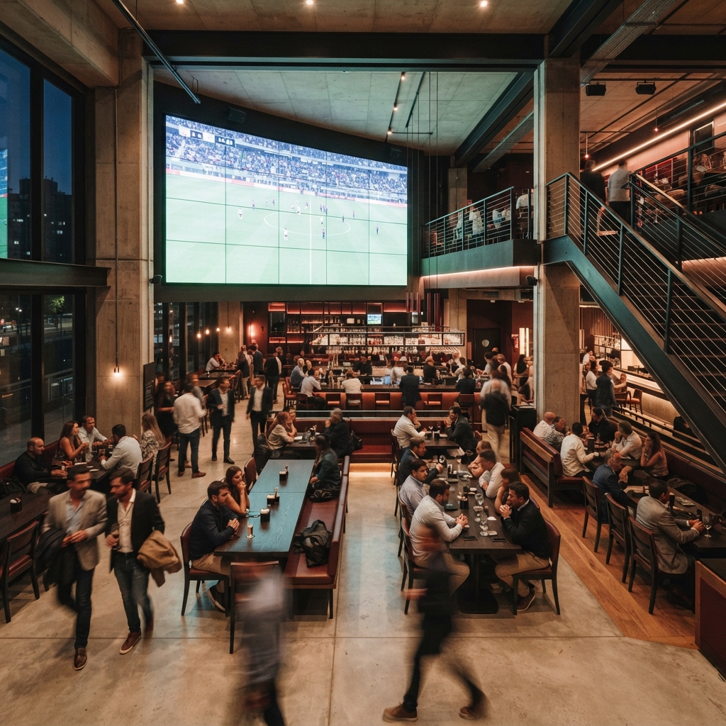 Concrete club interior with communal seating and large screens