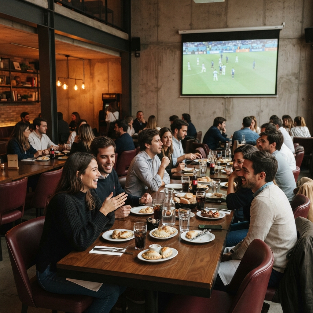 Groups seated at long communal matchday tables