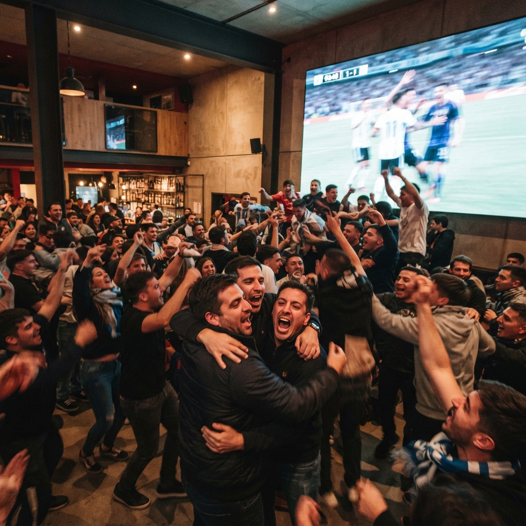 Final-minute celebration inside a packed sports viewing room