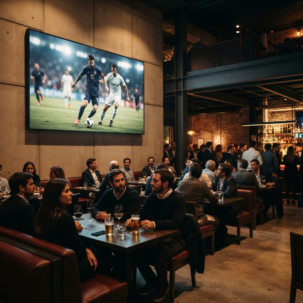 Adult crowd watching a football match on a large screen inside a brutalist Buenos Aires sports club