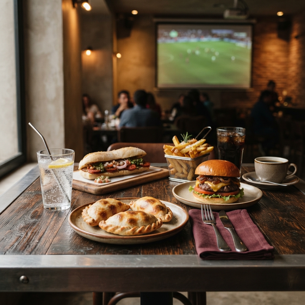 Empanadas, sandwiches, fries and cold drinks on a matchday table inside Sector 90